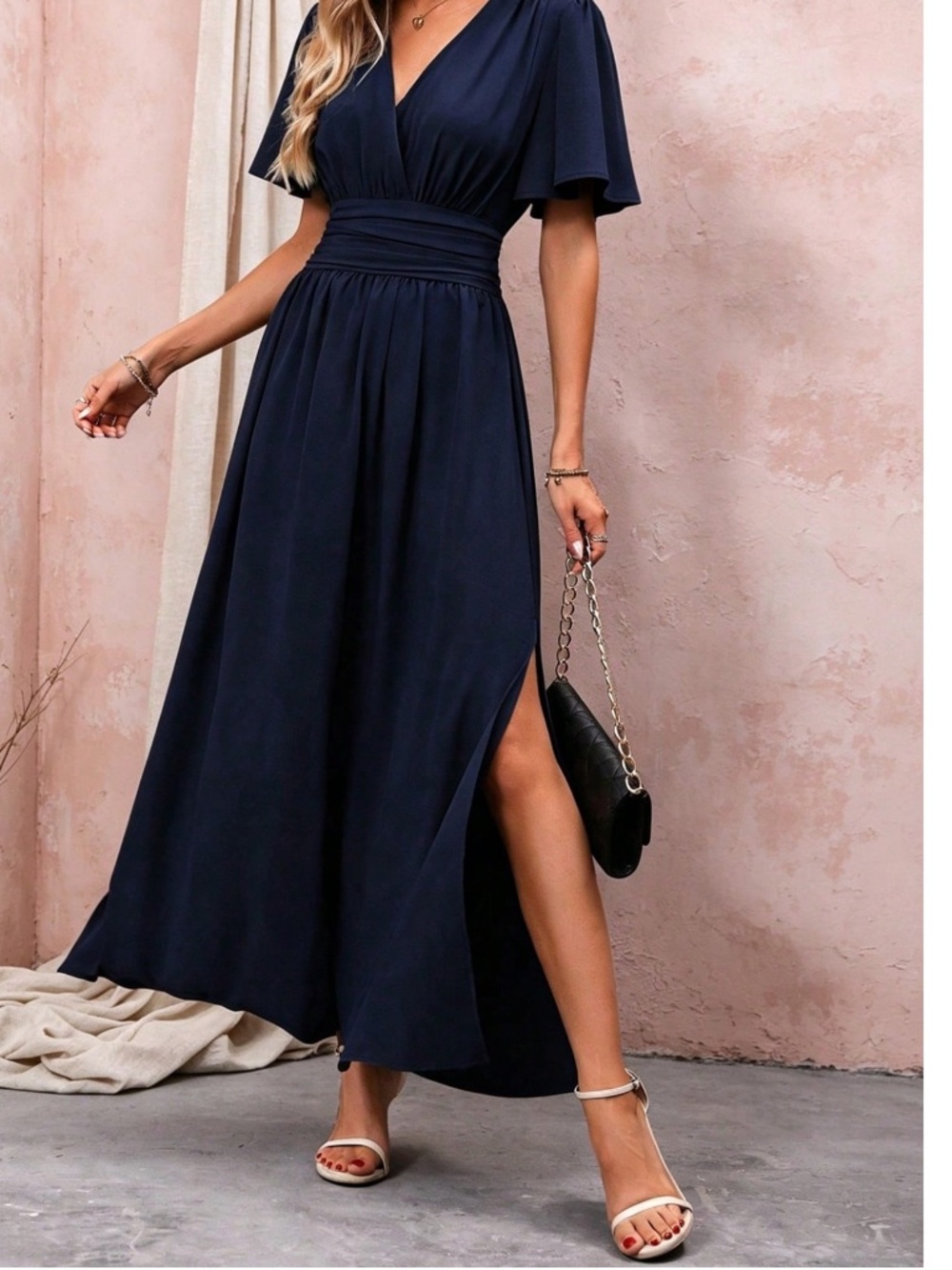 Luxe  Surplice Butterfly Sleeve Shirred Waist Maxi Dress